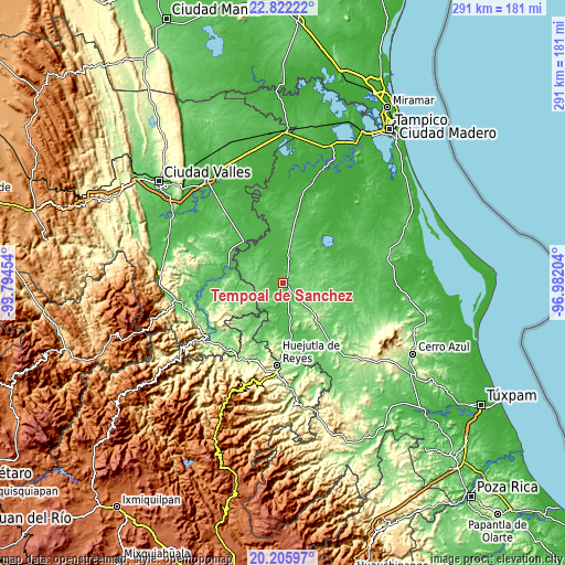 Topographic map of Tempoal de Sánchez