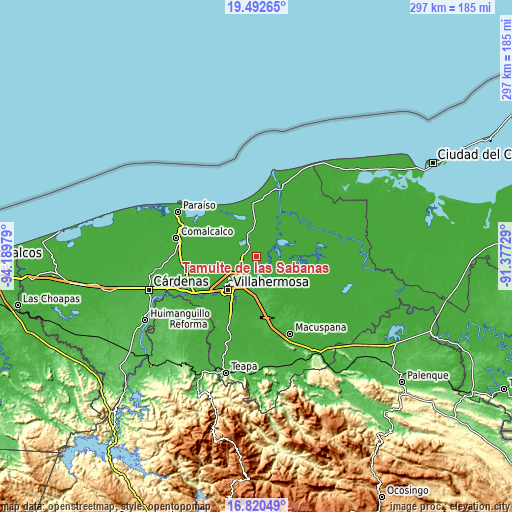 Topographic map of Tamulte de las Sabanas