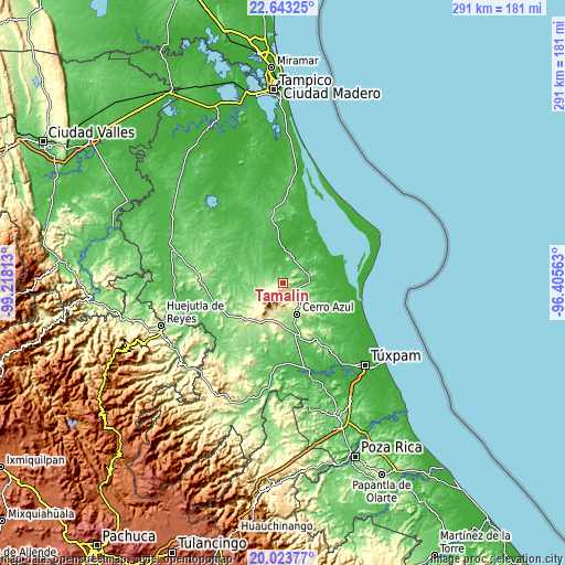 Topographic map of Tamalín