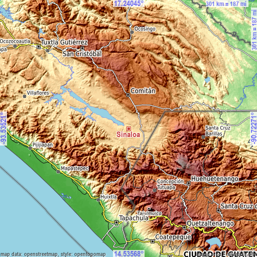 Topographic map of Sinaloa