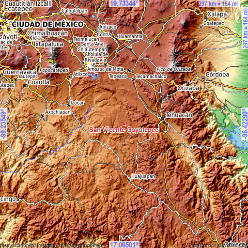 Topographic map of San Vicente Coyotepec