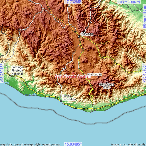 Topographic map of San Vicente Coatlán