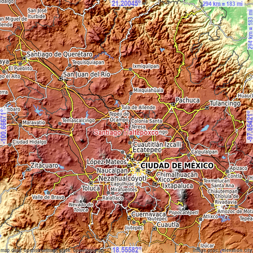 Topographic map of Santiago Tlaltepoxco