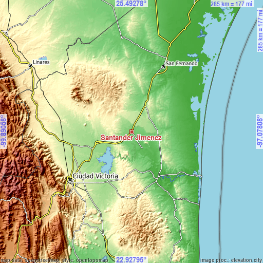 Topographic map of Santander Jiménez