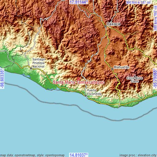 Topographic map of Santa María Temaxcaltepec