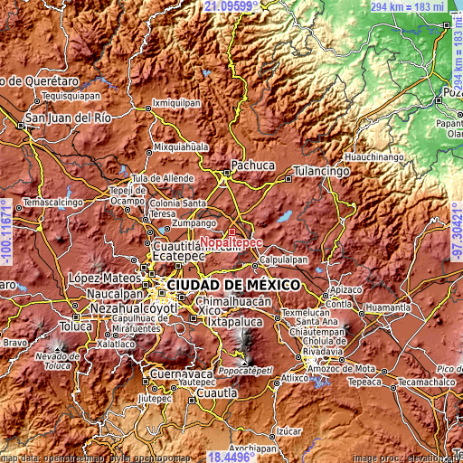 Topographic map of Nopaltepec