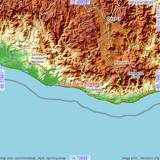 Topographic map of Santa María Tiltepec