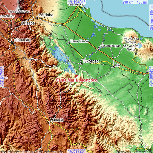 Topographic map of Santa María Jacatepec