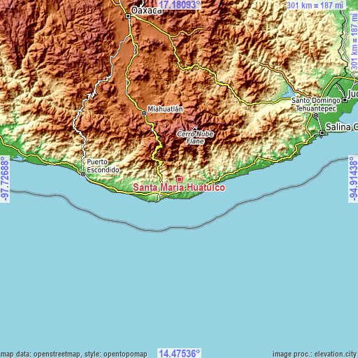 Topographic map of Santa María Huatulco