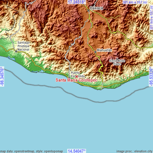 Topographic map of Santa María Colotepec