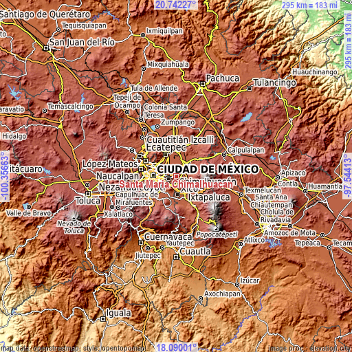 Topographic map of Santa María Chimalhuacán