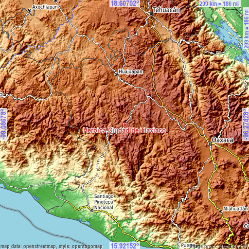 Topographic map of Heroica Ciudad de Tlaxiaco