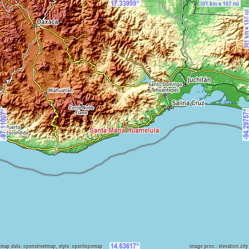 Topographic map of Santa María Huamelula