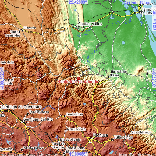 Topographic map of Santa Ana de Allende