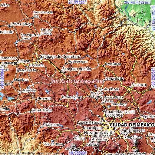 Topographic map of San Sebastián Tenochtitlán