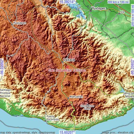 Topographic map of San Sebastian Teitipac