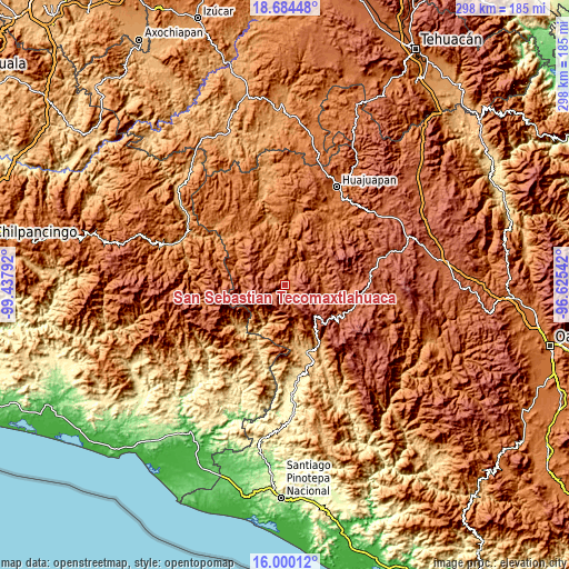 Topographic map of San Sebastián Tecomaxtlahuaca