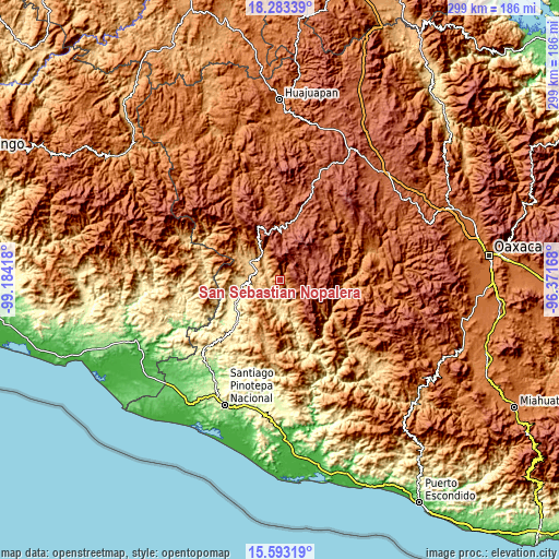 Topographic map of San Sebastián Nopalera