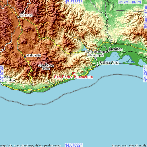 Topographic map of San Pedro Huamelula