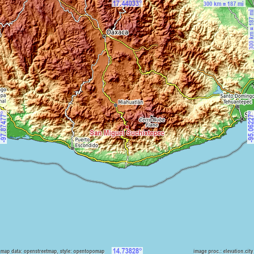 Topographic map of San Miguel Suchixtepec