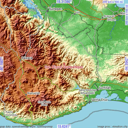 Topographic map of San Miguel Quetzaltepec