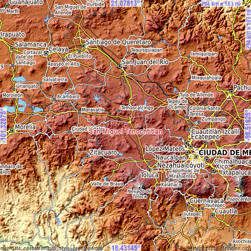 Topographic map of San Miguel Tenochtitlán