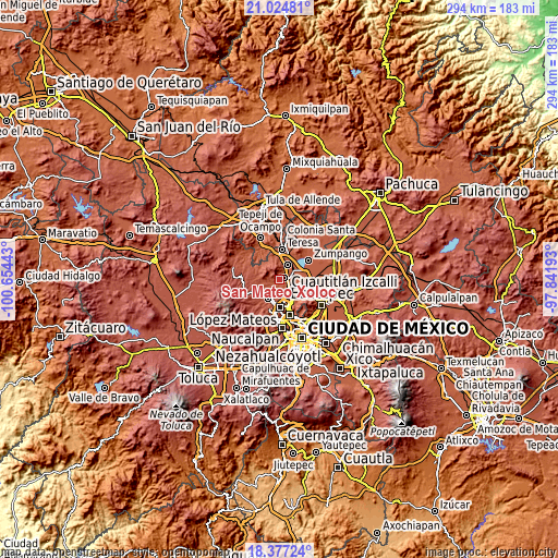 Topographic map of San Mateo Xoloc