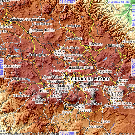 Topographic map of San Mateo Ixtacalco