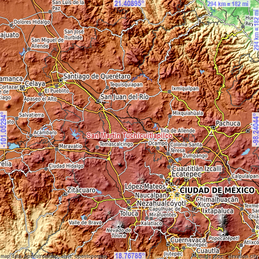 Topographic map of San Martín Tuchicuitlapilco