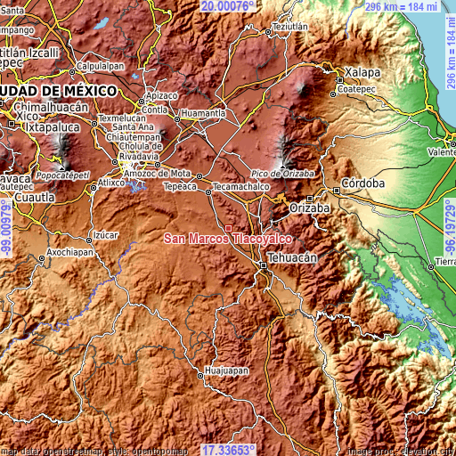 Topographic map of San Marcos Tlacoyalco