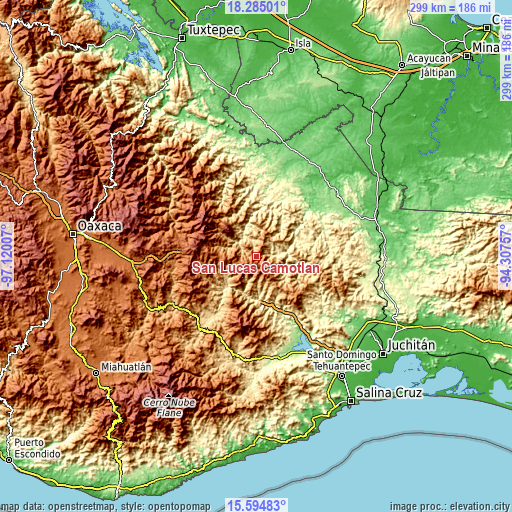 Topographic map of San Lucas Camotlán