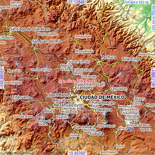 Topographic map of San Juan Zitlaltepec