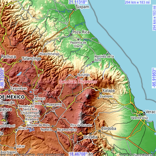 Topographic map of San Juan Xiutetelco