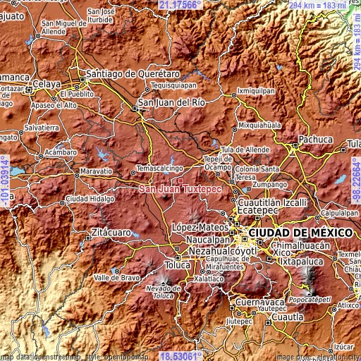 Topographic map of San Juan Tuxtepec