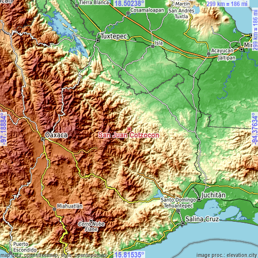 Topographic map of San Juan Cotzocón