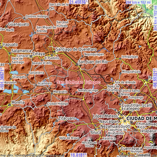 Topographic map of San Ildefonso Tultepec