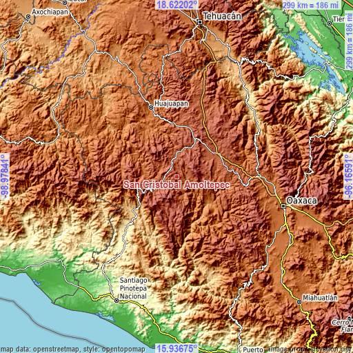 Topographic map of San Cristóbal Amoltepec