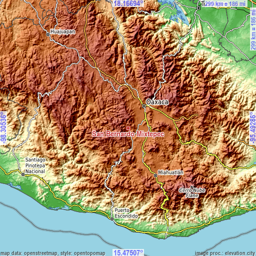 Topographic map of San Bernardo Mixtepec