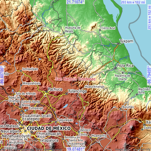 Topographic map of San Bartolo Tutotepec