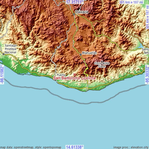 Topographic map of San Bartolomé Loxícha