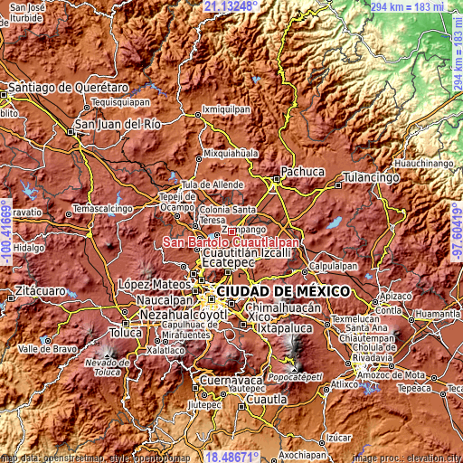 Topographic map of San Bartolo Cuautlalpan