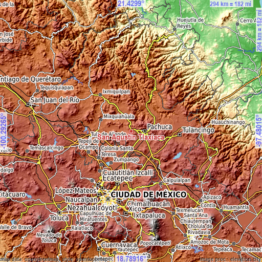 Topographic map of San Agustín Tlaxiaca