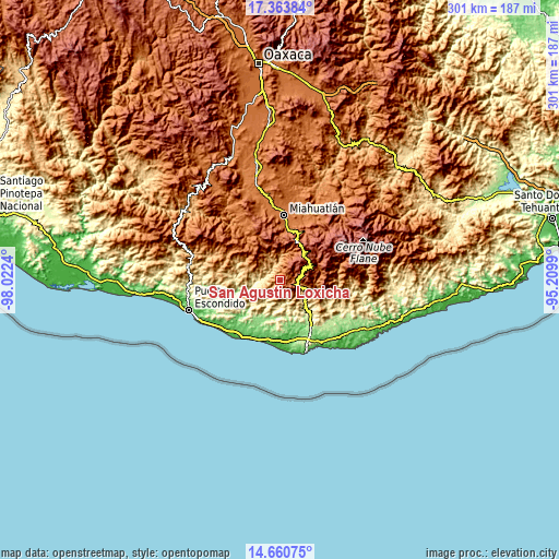 Topographic map of San Agustín Loxicha