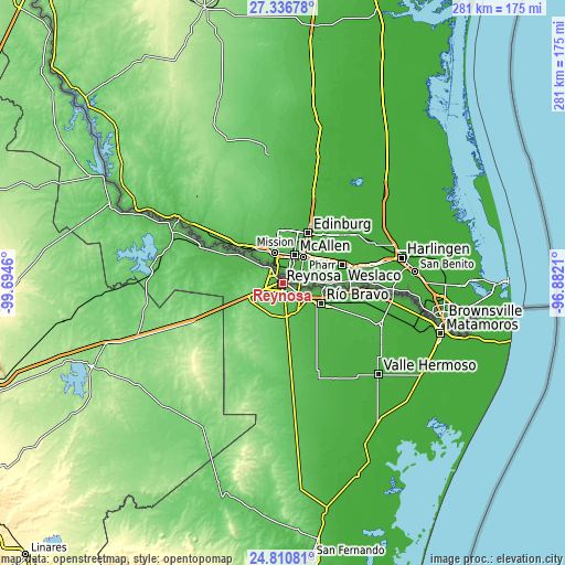 Topographic map of Reynosa