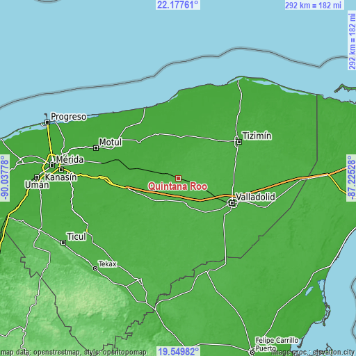 Topographic map of Quintana Roo
