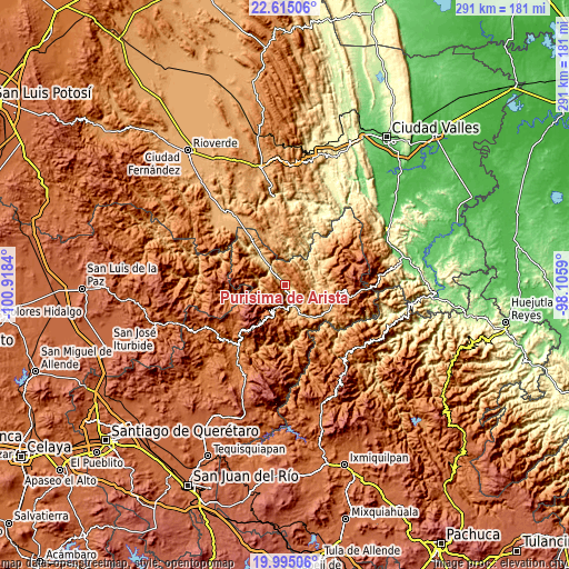 Topographic map of Purísima de Arista