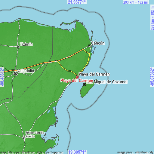 Topographic map of Playa del Carmen