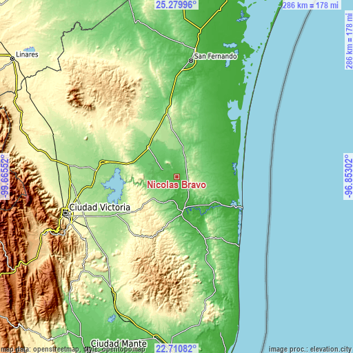 Topographic map of Nicolás Bravo
