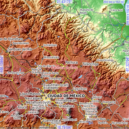 Topographic map of Pachuca de Soto