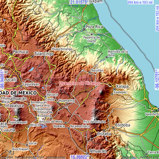 Topographic map of Oyameles de Hidalgo